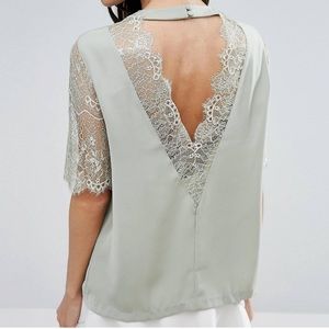 🟢 ASOS Lace Sleeve Plunge-Back Shell Tee